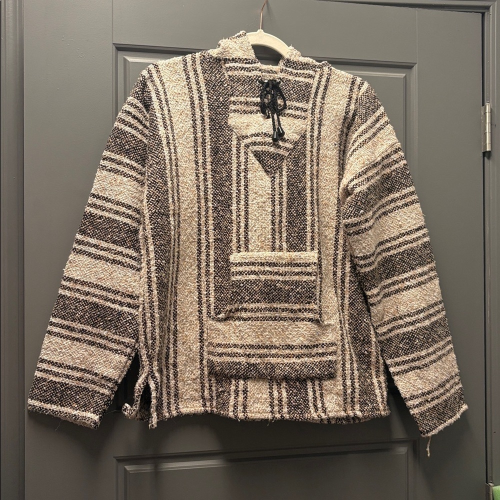 Striped Baja pullover sweatshirt with hood neutral colors kangaroo front pocket